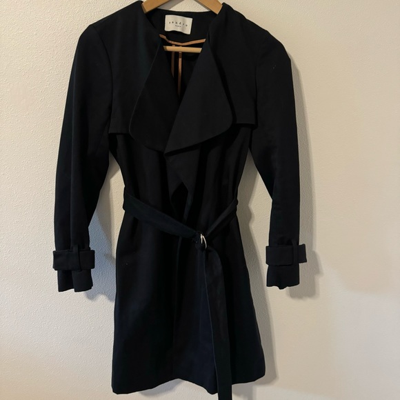 Vintage Sandro Malena Trench Coat Black Belted Twill Cotton Flap Lapel-36 - Picture 2 of 15